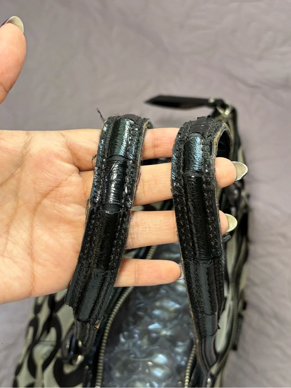 Coach Black & Gray Signature Canvas Tote with Leather Trim